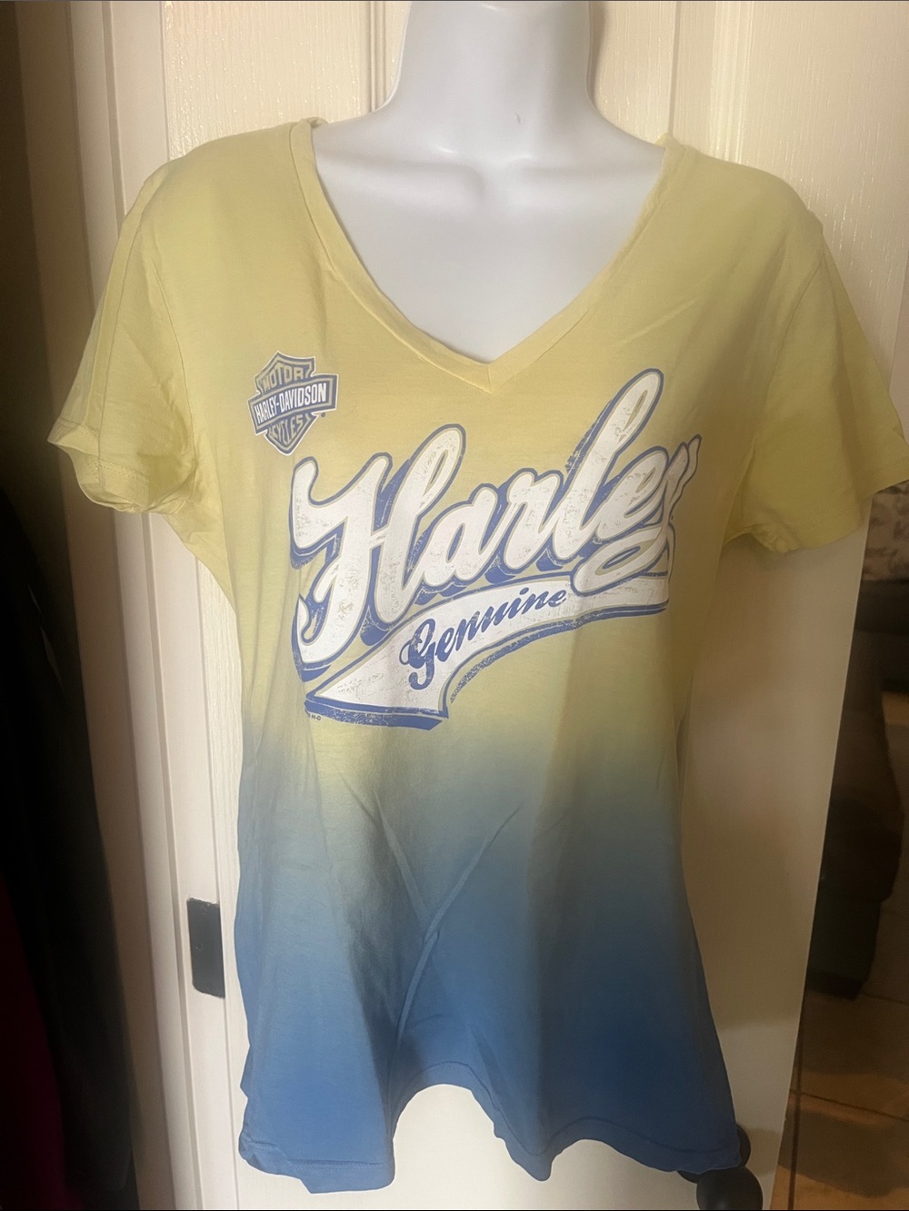 NWT- Harley-Davidson Yellow to Blue Ombre V-Neck Tee